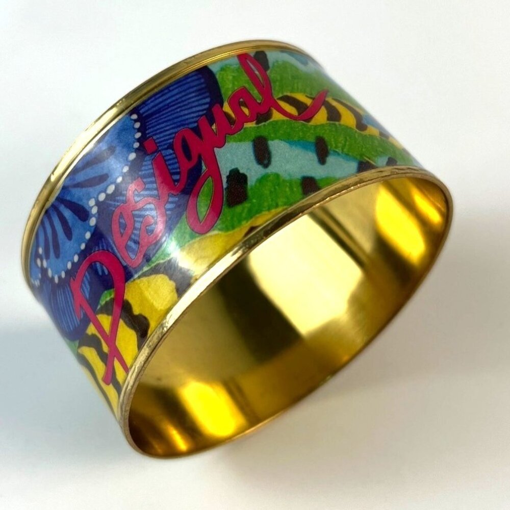 DESIGUAL Multi Color Floral Gold Tone Wide Bangle Bracelet